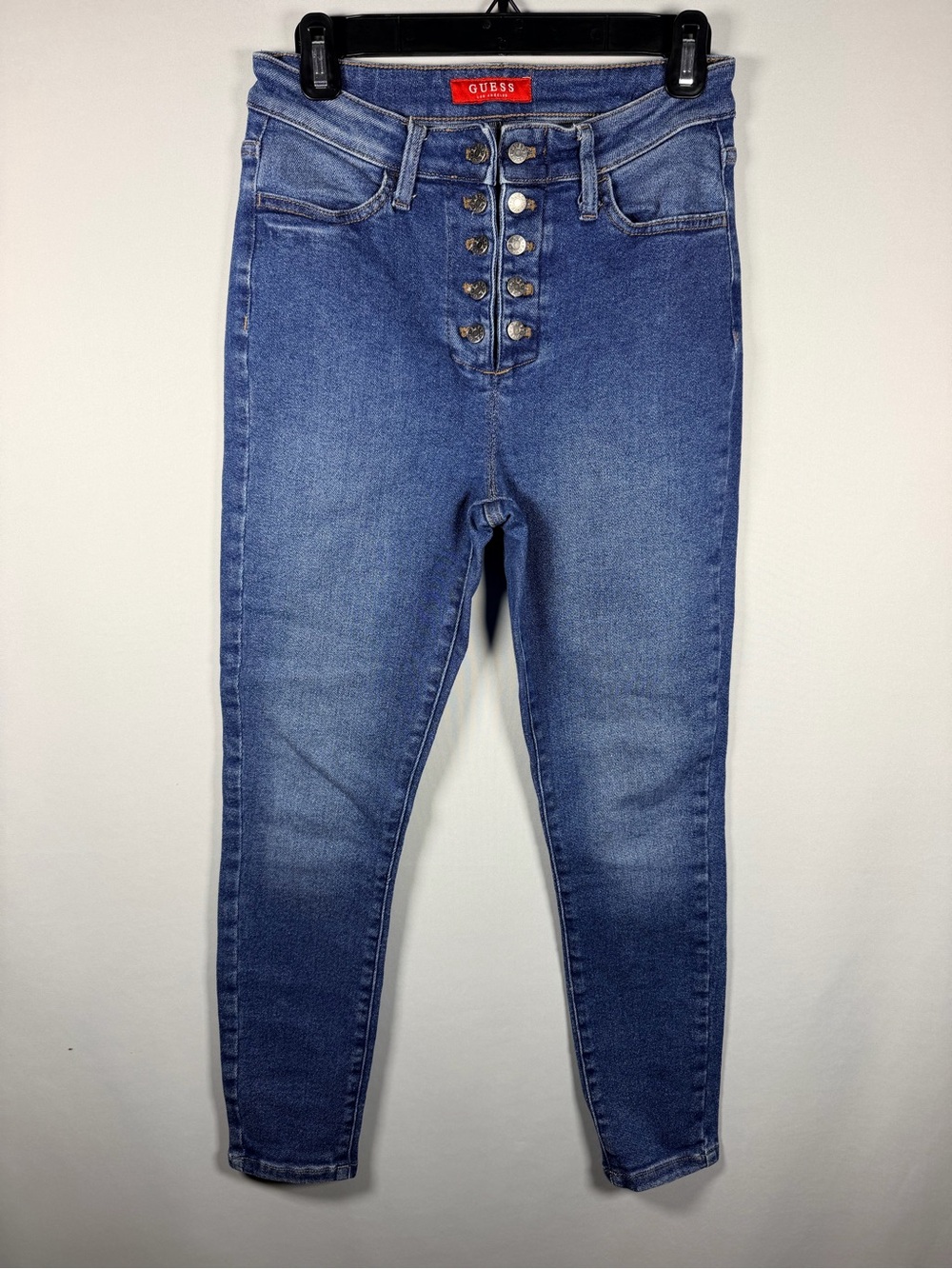 GUESS High-Rise Button-Fly Medium Blue Skinny Jeans